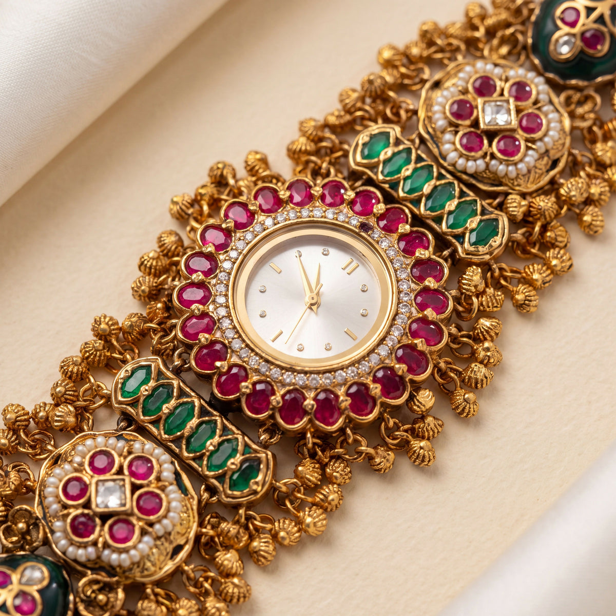 Antique Gold White Dial Ruby Bezel Emerald Bar Pearl Floret Ghungroo Bracelet Watch for Women & Girls | Stylish Watch | Wrist Watches for Girls | Ideal for gifting | Gift for Diwali, Christmas, Marriage, Birthday, anniversary, wedding