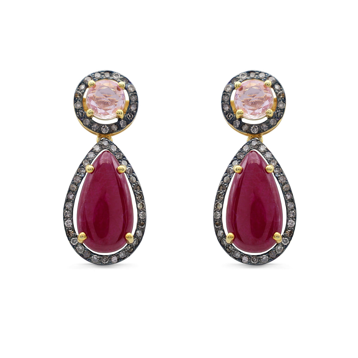 Statement Ruby & Pink Sapphire Drop Earrings with Diamond Halo in Two-Tone Sterling Silver