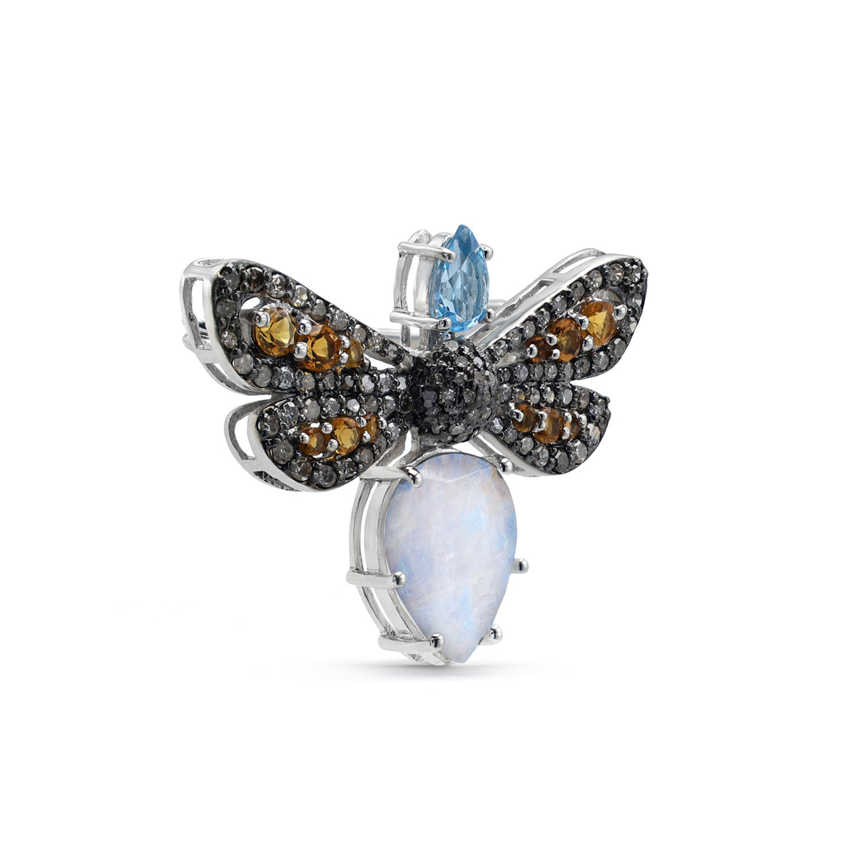 Artisan Insect Brooch with Rainbow Moonstone, Blue Topaz & Citrine in 925 Sterling Silver