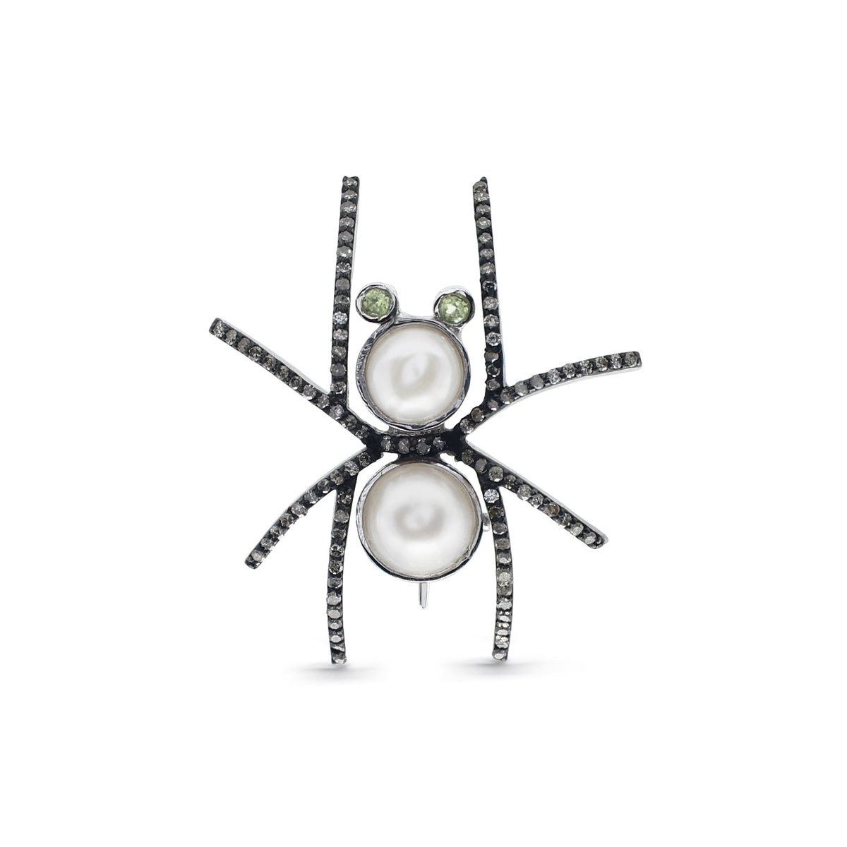 Gothic Pearl & Peridot Spider Brooch with Pavé Accents in Blackened 925 Sterling Silver