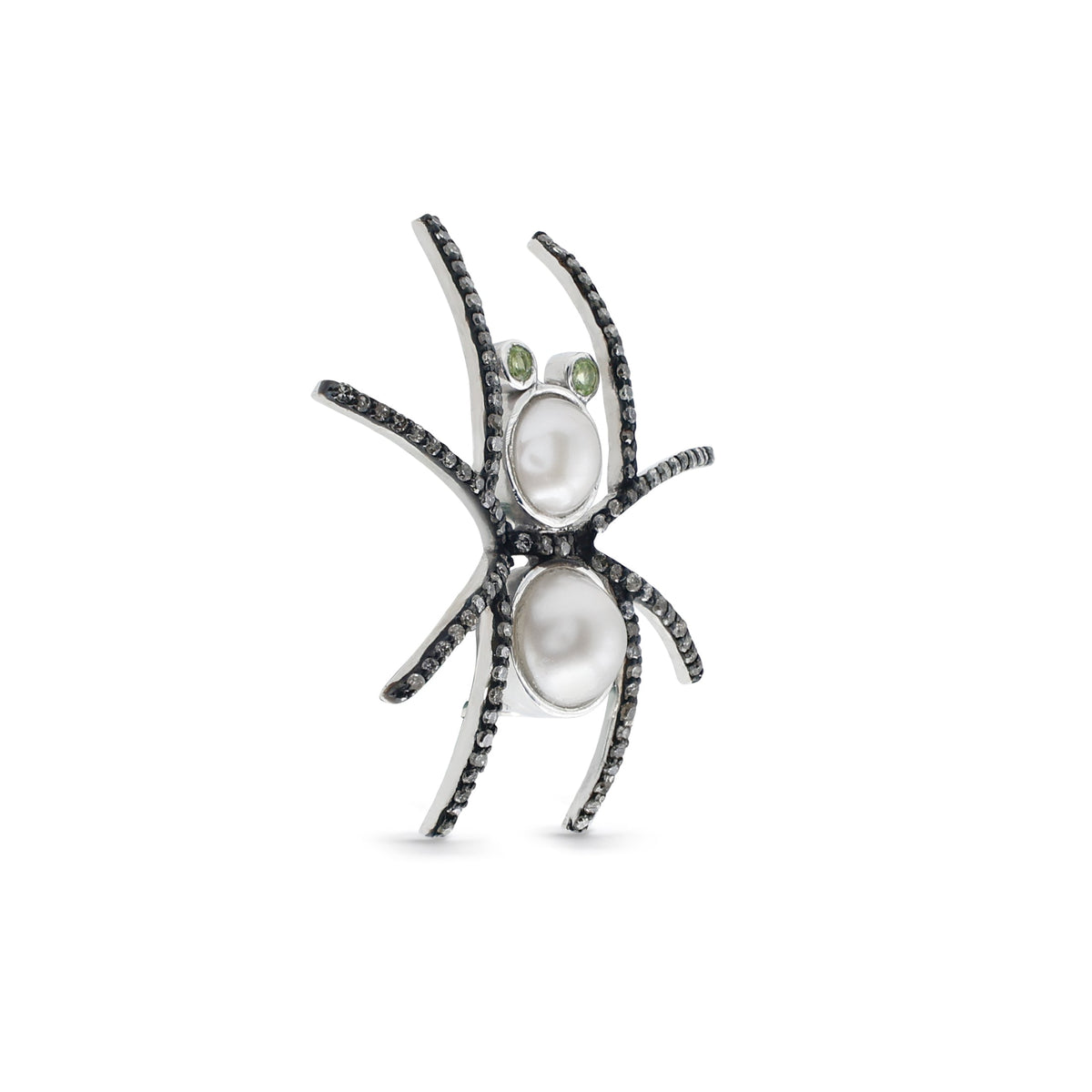 Gothic Pearl & Peridot Spider Brooch with Pavé Accents in Blackened 925 Sterling Silver