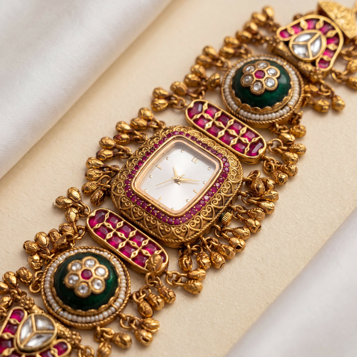 Antique Gold White Dial Ruby Bezel Green Cabochon Ghungroo Bracelet Watch for Women & Girls | Stylish Watch | Wrist Watches for Girls | Ideal for gifting | Gift for Diwali, Christmas, Marriage, Birthday, anniversary, wedding