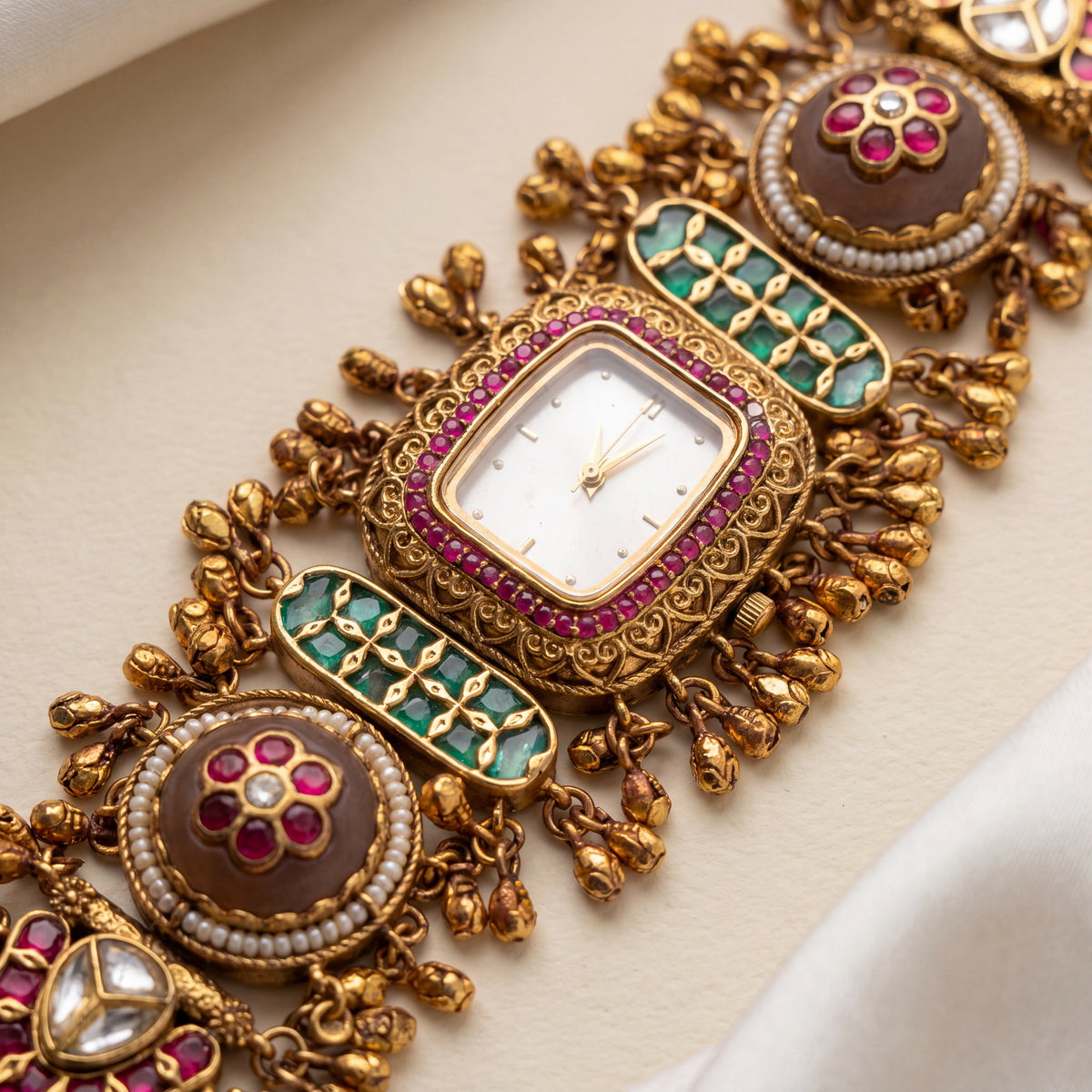 Antique Gold White Dial Ruby Bezel Emerald Bar Ghungroo Bracelet Watch for Women & Girls | Stylish Watch | Wrist Watches for Girls | Ideal for gifting | Gift for Diwali, Christmas, Marriage, Birthday, anniversary, wedding