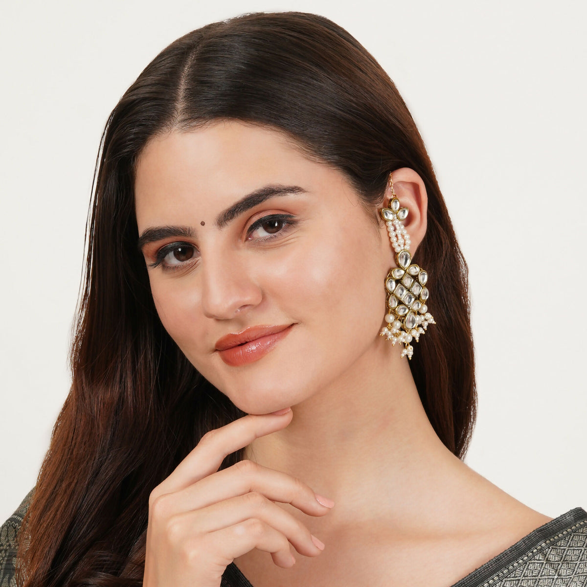 Gold Tone White Beads Kundan Kanauti Earrings
