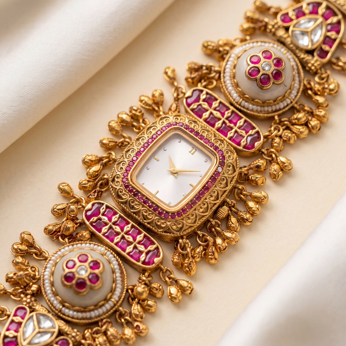 Antique Gold White Dial Ruby Bezel Ghungroo Temple Bracelet Watch for Women & Girls | Stylish Watch | Wrist Watches for Girls | Ideal for gifting | Gift for Diwali, Christmas, Marriage, Birthday, anniversary, wedding