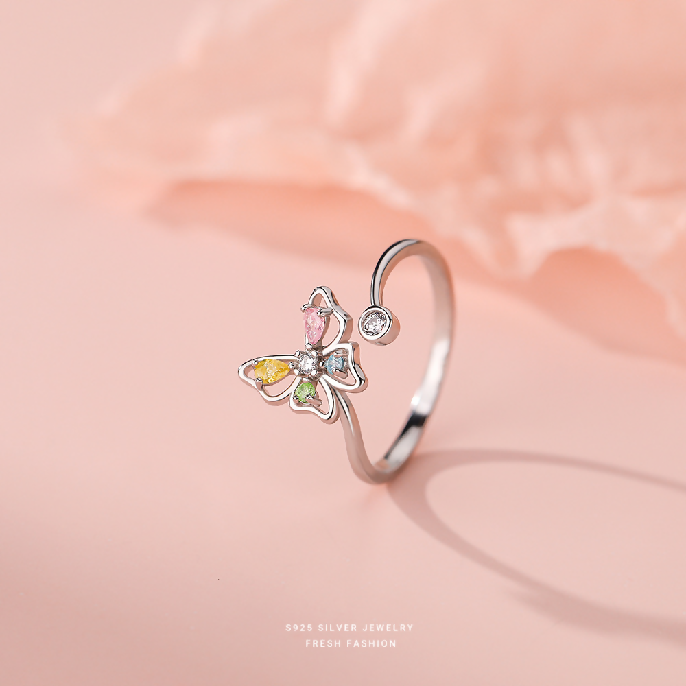 925 Sterling Silver Multicolor Cz Butterfly Adjustable Ring For Women & Girls I Butterfly Ring (Adjustable)