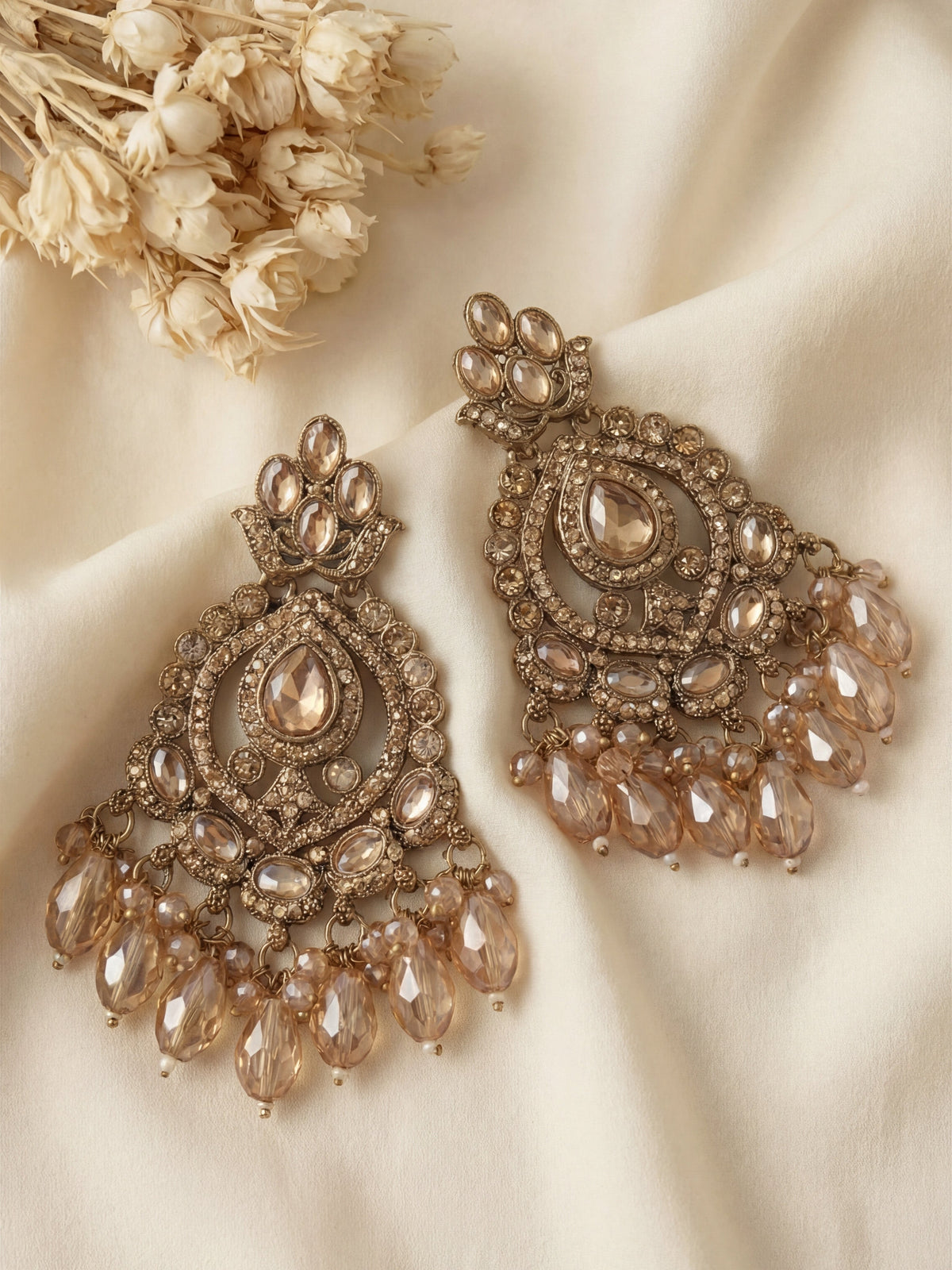 Pear Shaped Golden Champagne Stone Long Gold-Plated Brass Earrings for Women