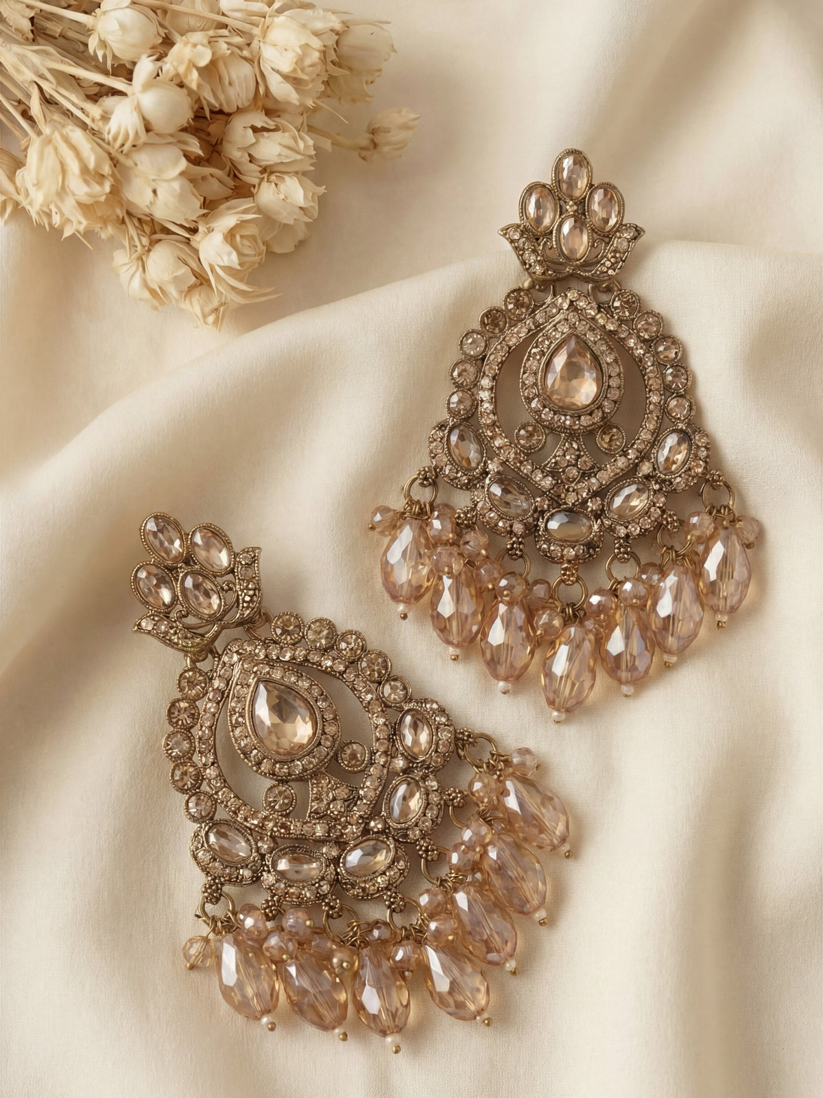 Pear Shaped Golden Champagne Stone Long Gold-Plated Brass Earrings for Women