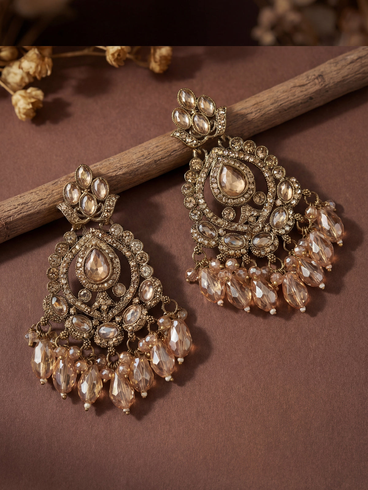 Pear Shaped Golden Champagne Stone Long Gold-Plated Brass Earrings for Women