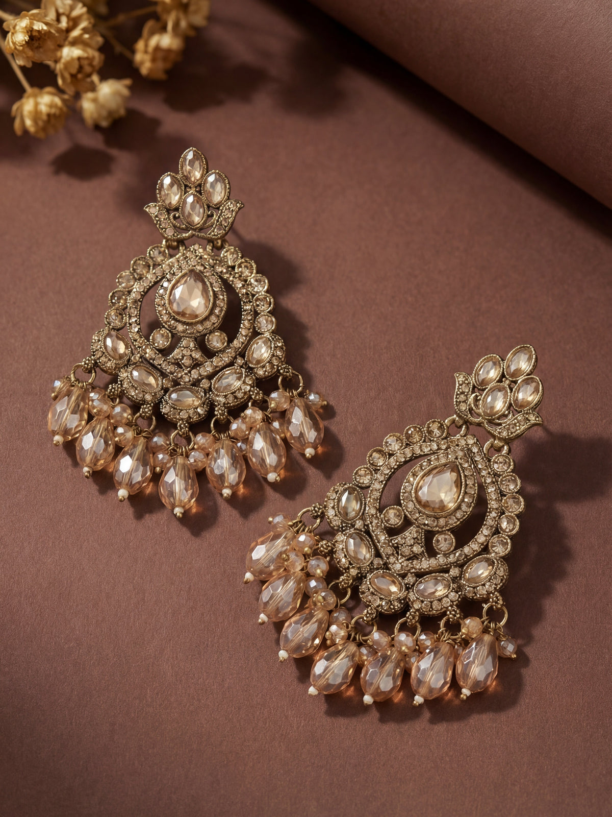Pear Shaped Golden Champagne Stone Long Gold-Plated Brass Earrings for Women