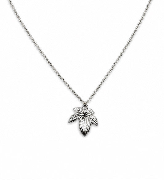 Silver leaf pendant necklace on white background