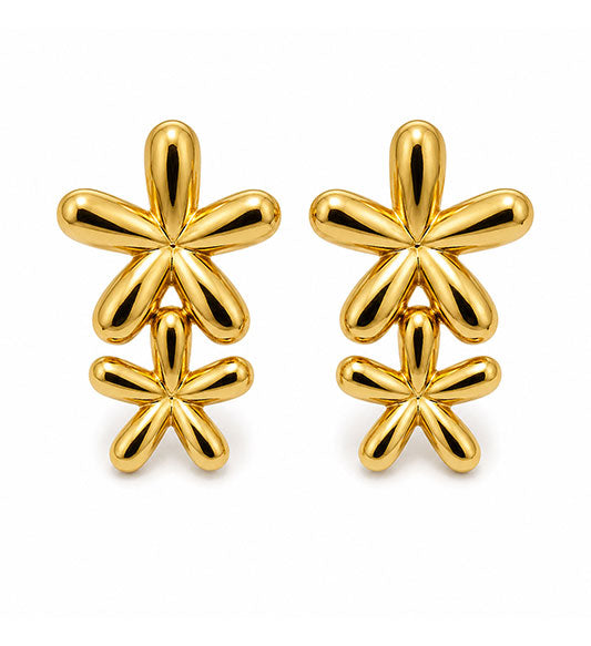 Gold double flower drop earrings pair
