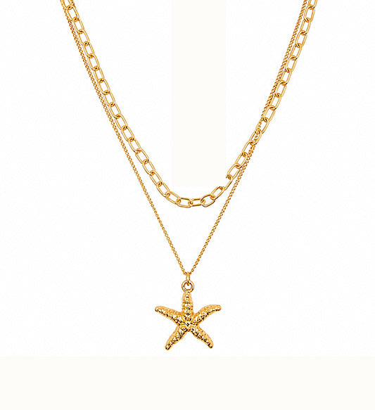 Gold layered starfish pendant necklace on white background