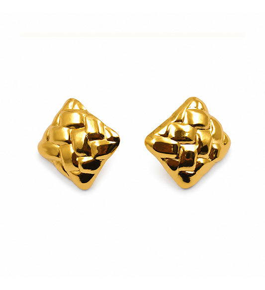 Gold woven square stud earrings pair on white background
