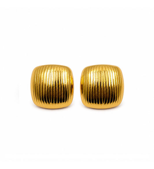 Gold ribbed square dome stud earrings pair on white background