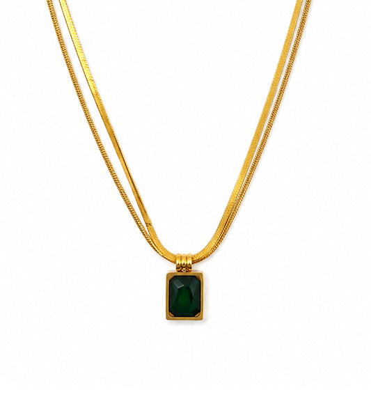 Gold Green Stone Rectangle Pendant Necklace