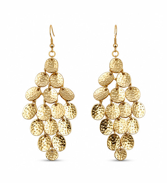 Gold hammered disc chandelier earrings pair on white background