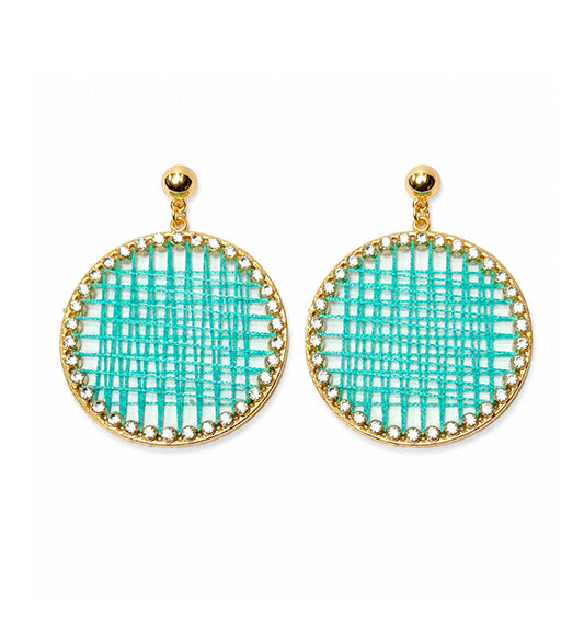 Turquoise woven round drop earrings pair on white background