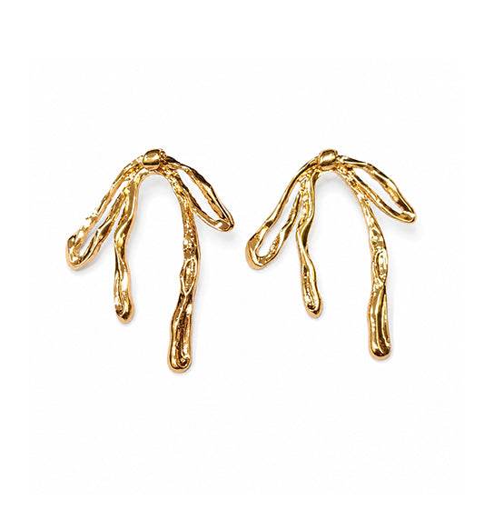 Gold abstract branch drop earrings pair on white background
