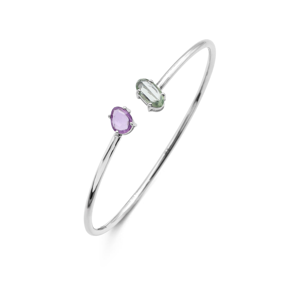 Toi et Moi Open Cuff Bangle with Green & Purple Sapphire in 925 Sterling Silver Side View