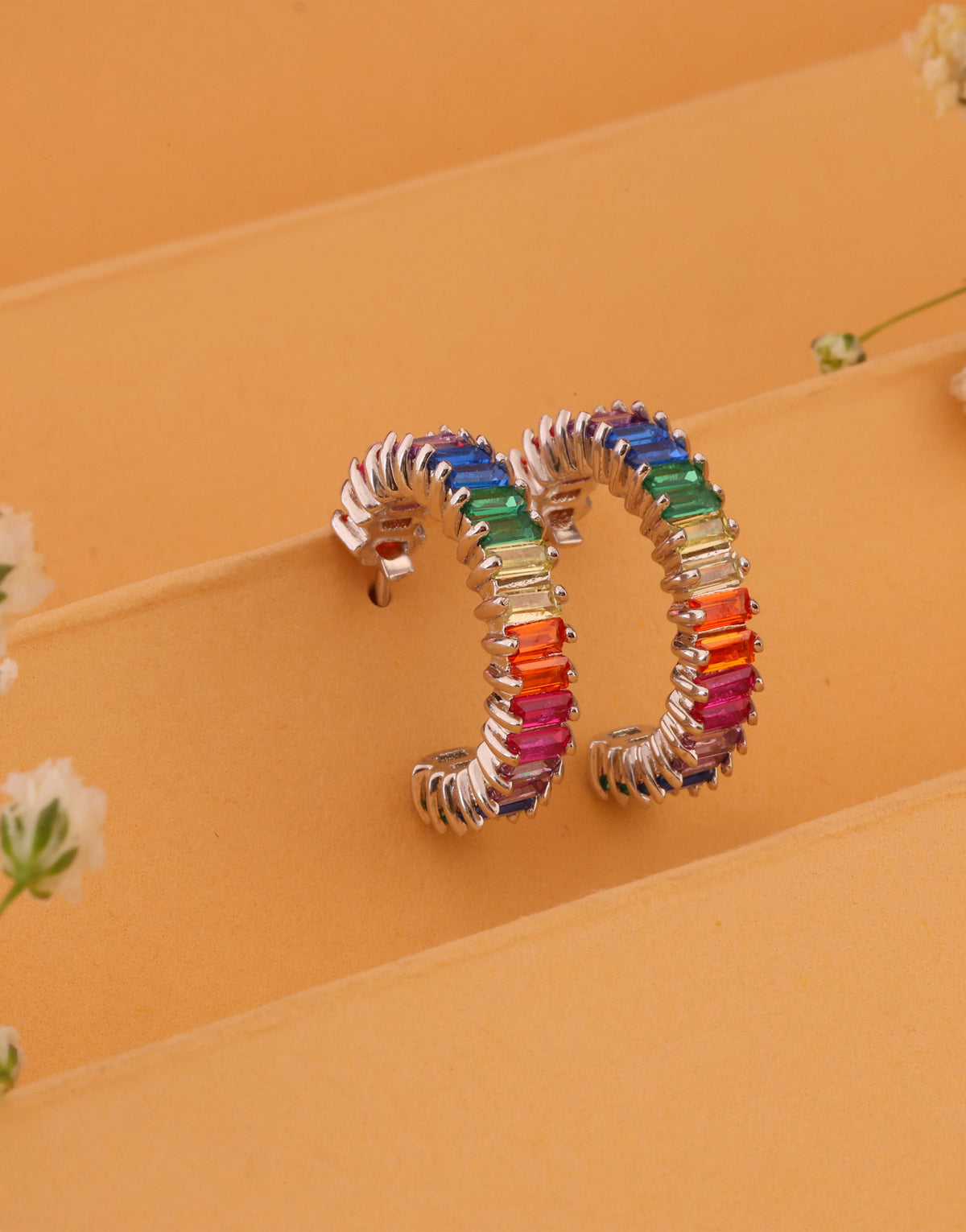 stylish multicolor stone studded sterling silver hoop earrings