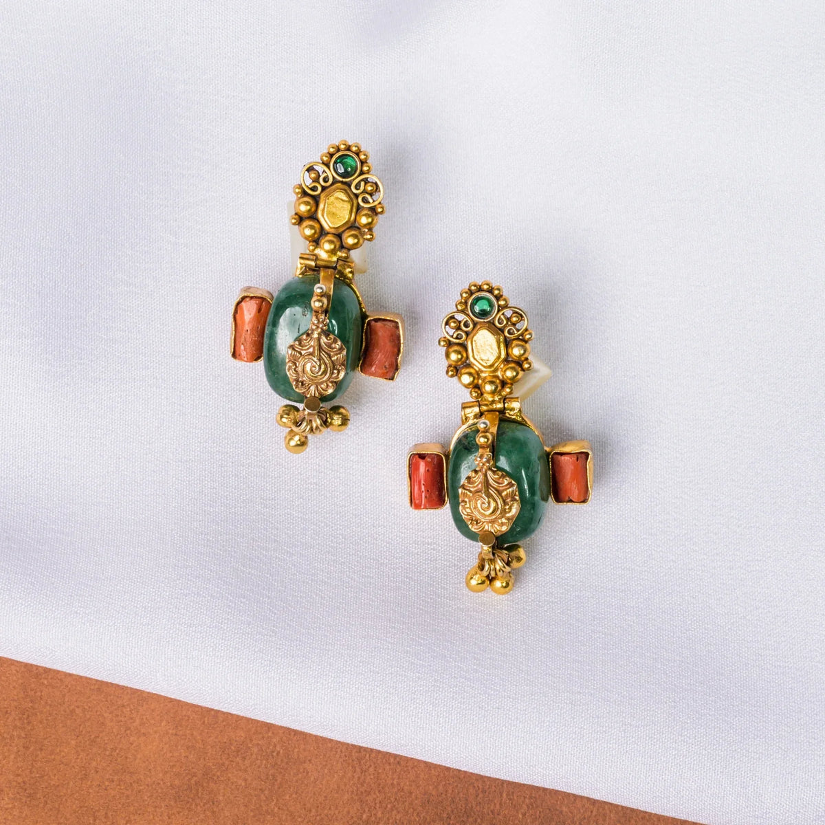 Dual Tone 925 Silver Hanging Earrings | Jade & Coral | Varenya