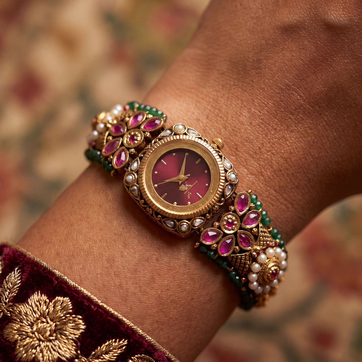 Antique Gold Pink Dial Cushion Kundan Ruby Floret Bracelet Watch for Women & Girls | Stylish Watch | Wrist Watches for Girls | Ideal for gifting | Gift for Diwali, Christmas, Marriage, Birthday, anniversary, wedding