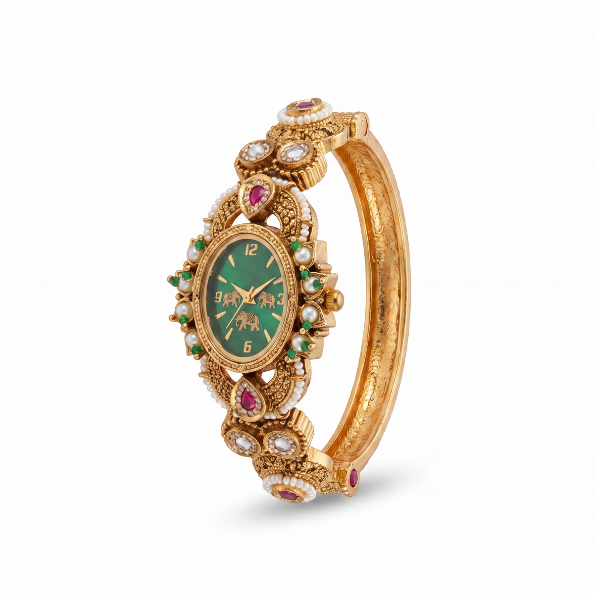 Antique Gold Green Dial Ruby Emerald Kundan Oval Bracelet Watch for Women & Girls | Stylish Watch | Wrist Watches for Girls | Ideal for gifting | Gift for Diwali, Christmas, Marriage, Birthday, anniversary, wedding