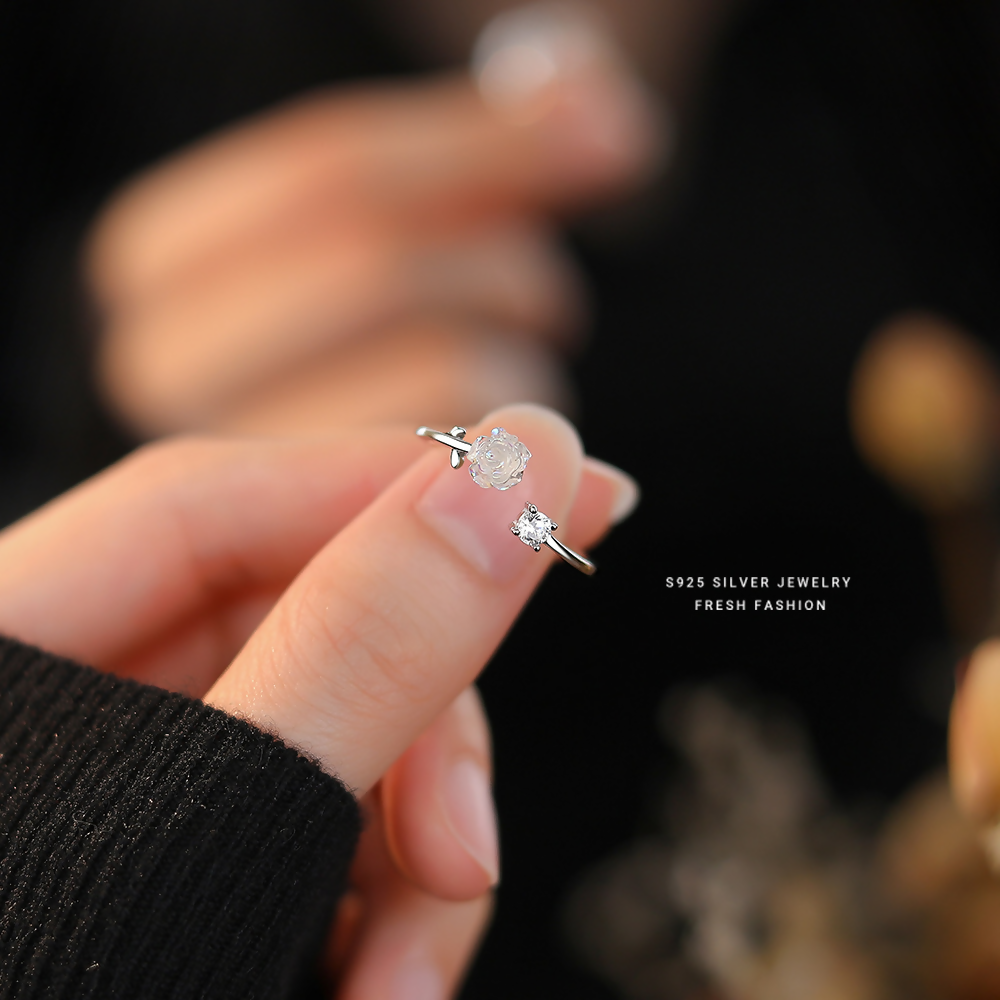 Brd Jewelry 925 Sterling Silver Opal Rose & Diamond Adjustable Ring For Women & Girls