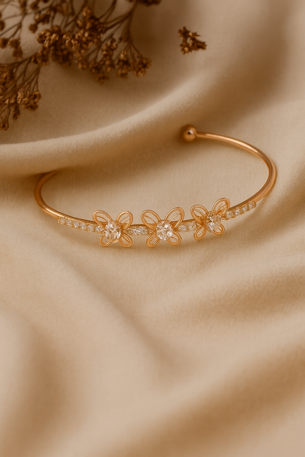 Anuradha Art Jewellery rose gold finish butterfly design with shimmering white stone stud Adjustable cuff bracelet, Kada bracelet for women and girls.