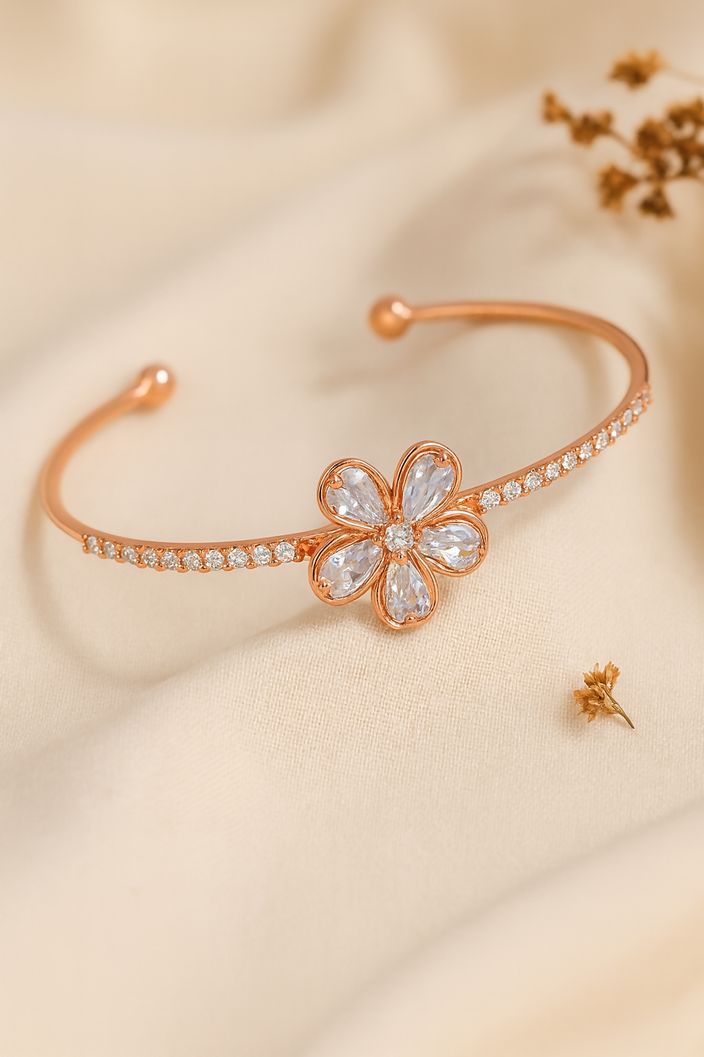 Anuradha Art Jewellery rose gold finish floral design with cubic zirconia stud Adjustable cuff bracelet, Kada bracelet for women and girls.