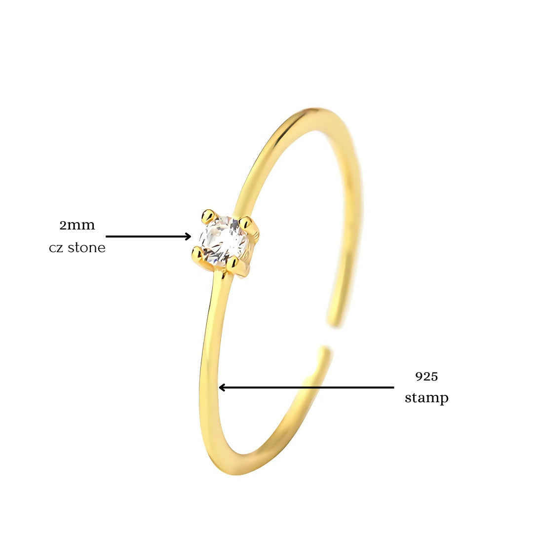 925 Sterling Silver Gold Plated Dainty Solitaire Ring I Adjustable Silver Rings For Women & Girls (Adjustable)