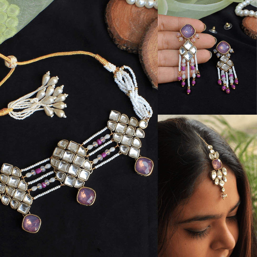 Kundan choker set in gold-tone with matching earrings and long bridal necklace, perfect for wedding functions , festive and bridal wear