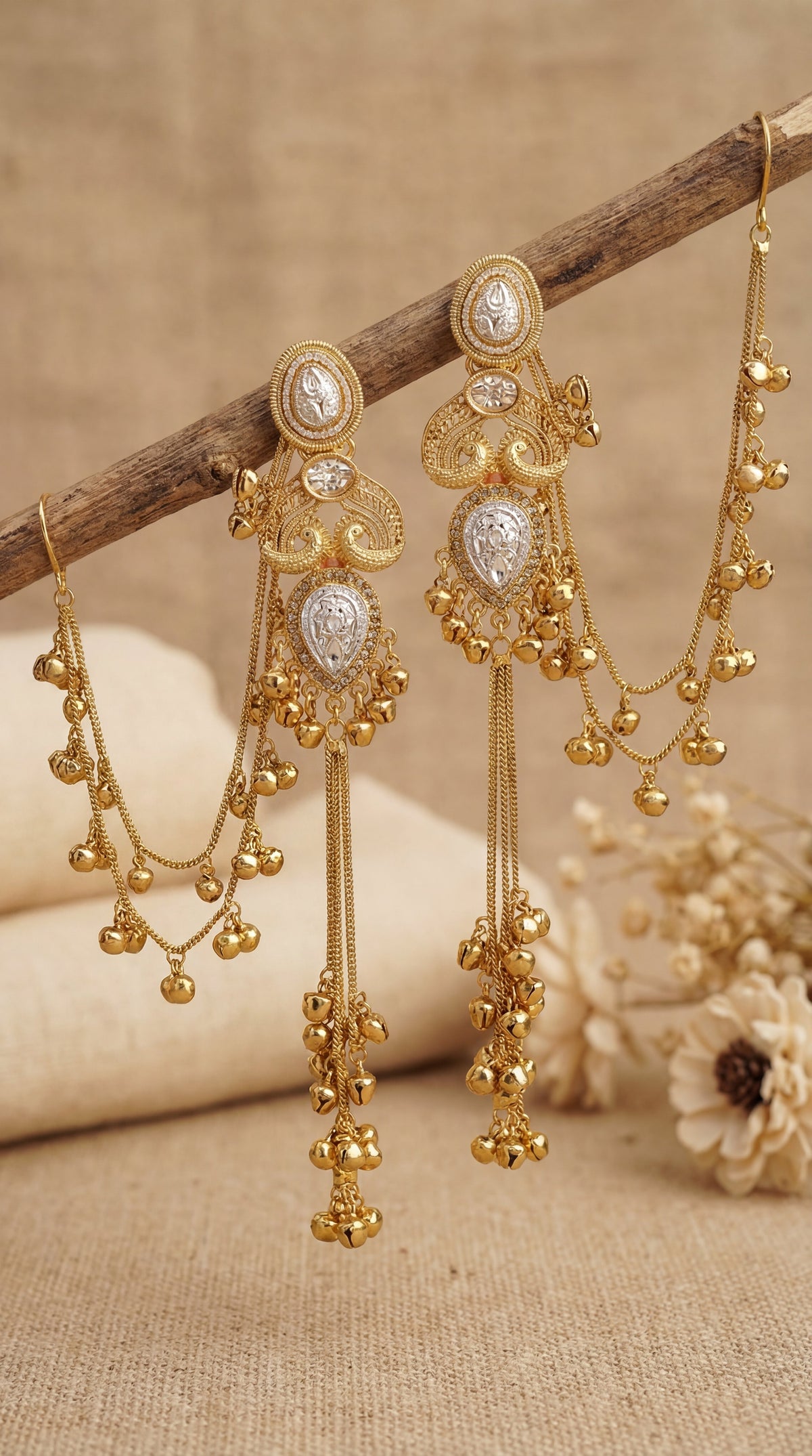 White Stone Golden Tone Trendy Long Kashmiri Earrings With Sahara Chain for Girls and Women