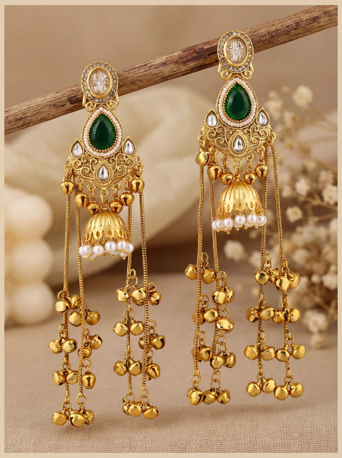 Kashmiri Jhumka Green Stone Earrings for Women with very long Chains