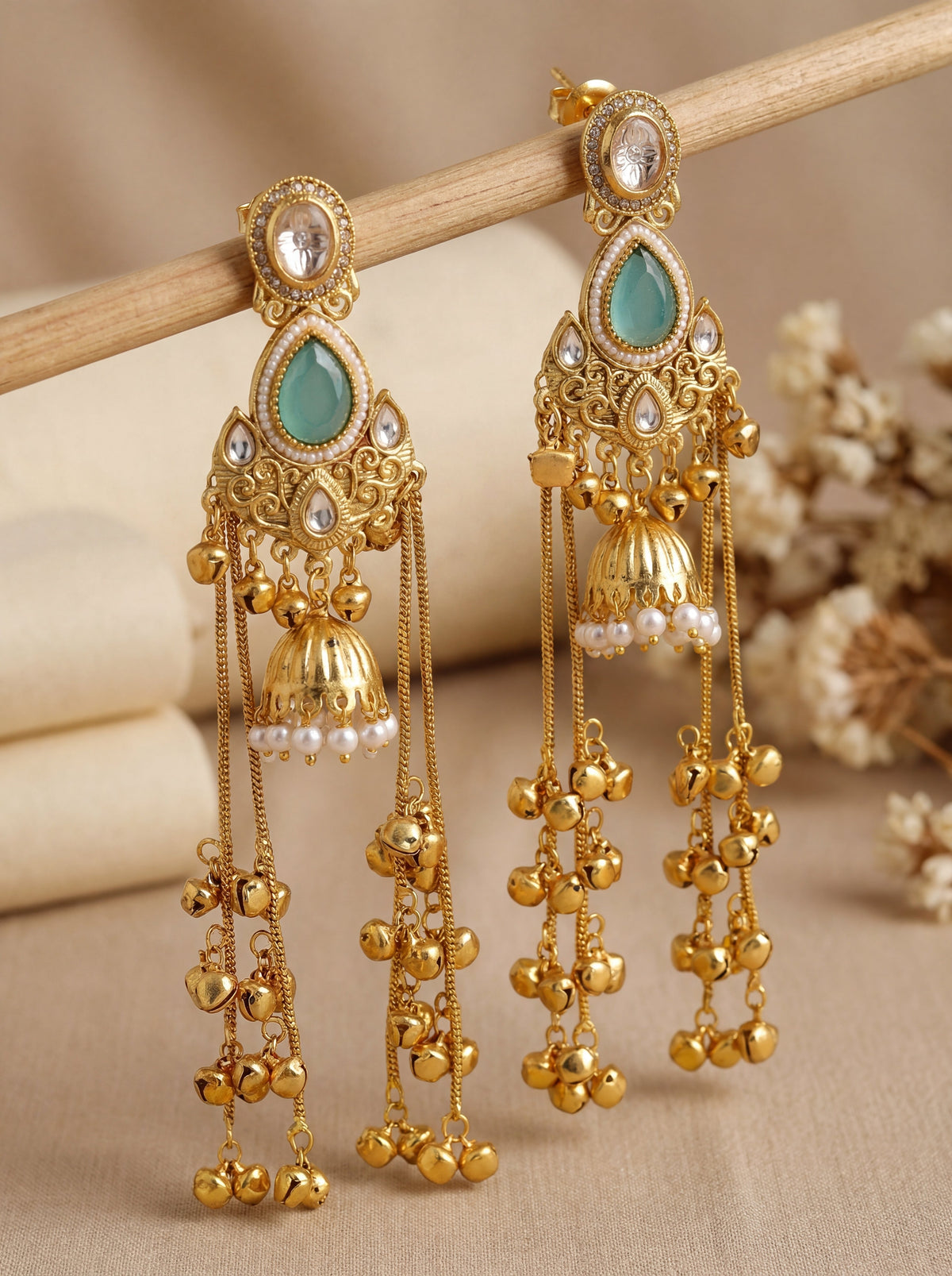 Kashmiri Jhumka SeaGreen Stone  Earrings for Women with very long Chains