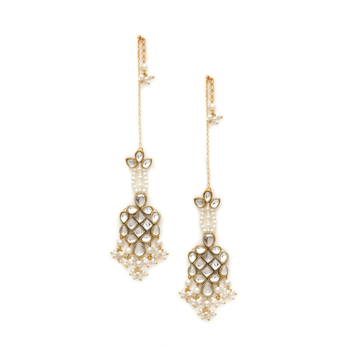 Gold Tone White Beads Kundan Kanauti Earrings