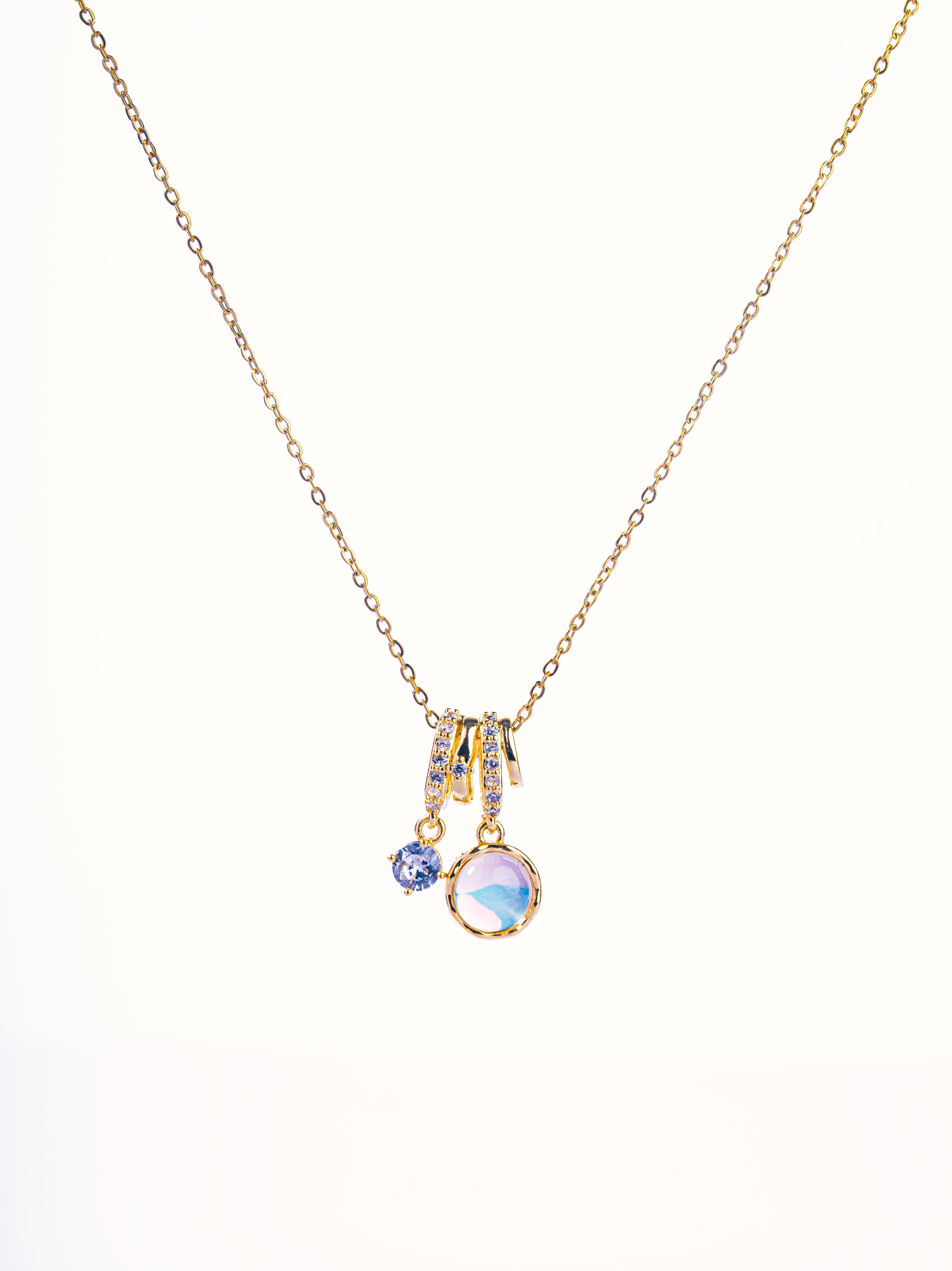 18k gold-plated Moon Bloom charm chain pendant necklace �? celestial moon gemstone necklace, anti-tarnish and waterproof for everyday and casual wear.