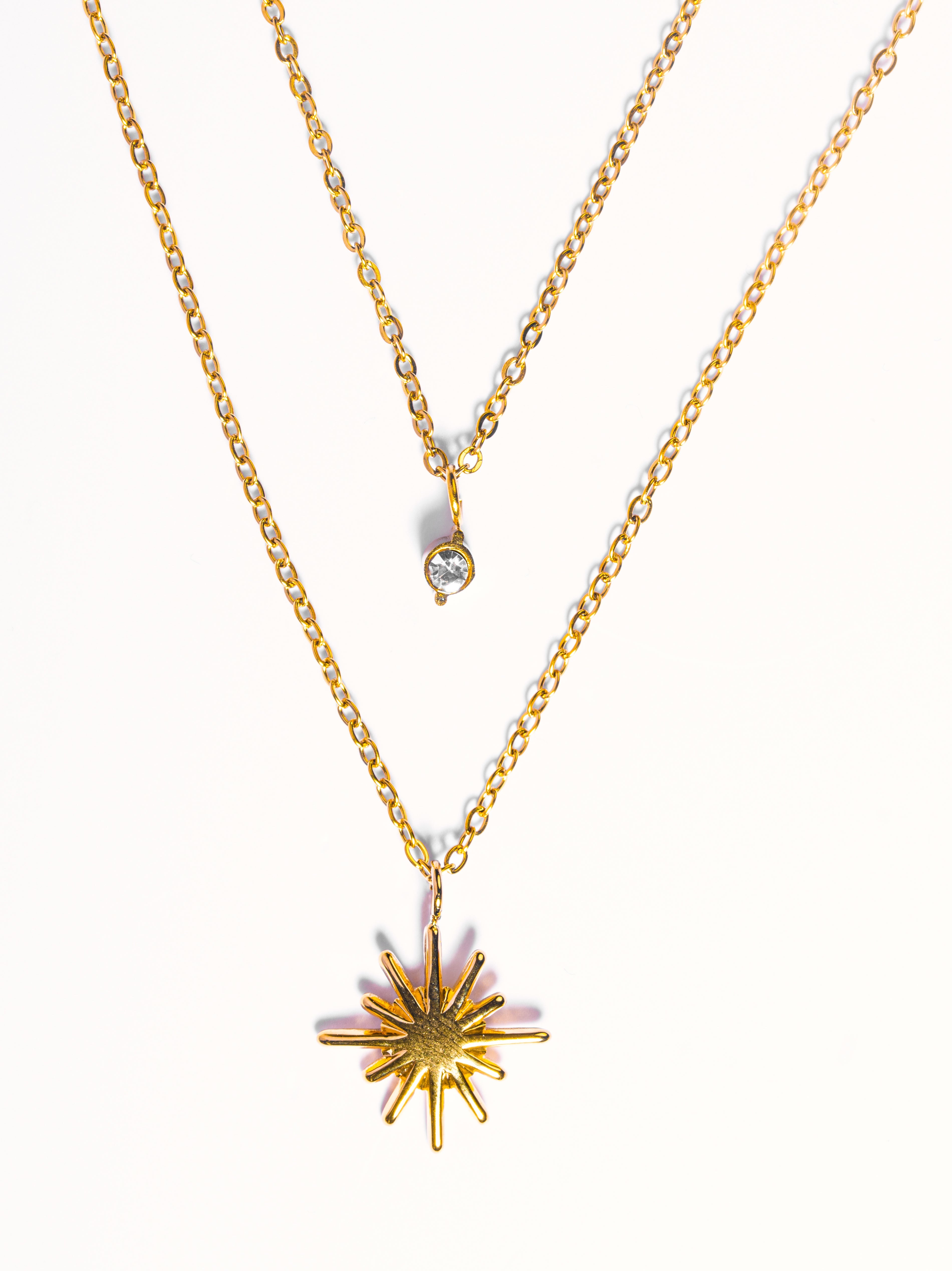 Styled view of double layer sun chain necklace �? 18k gold-plated radiant celestial necklace for festive and gifting.