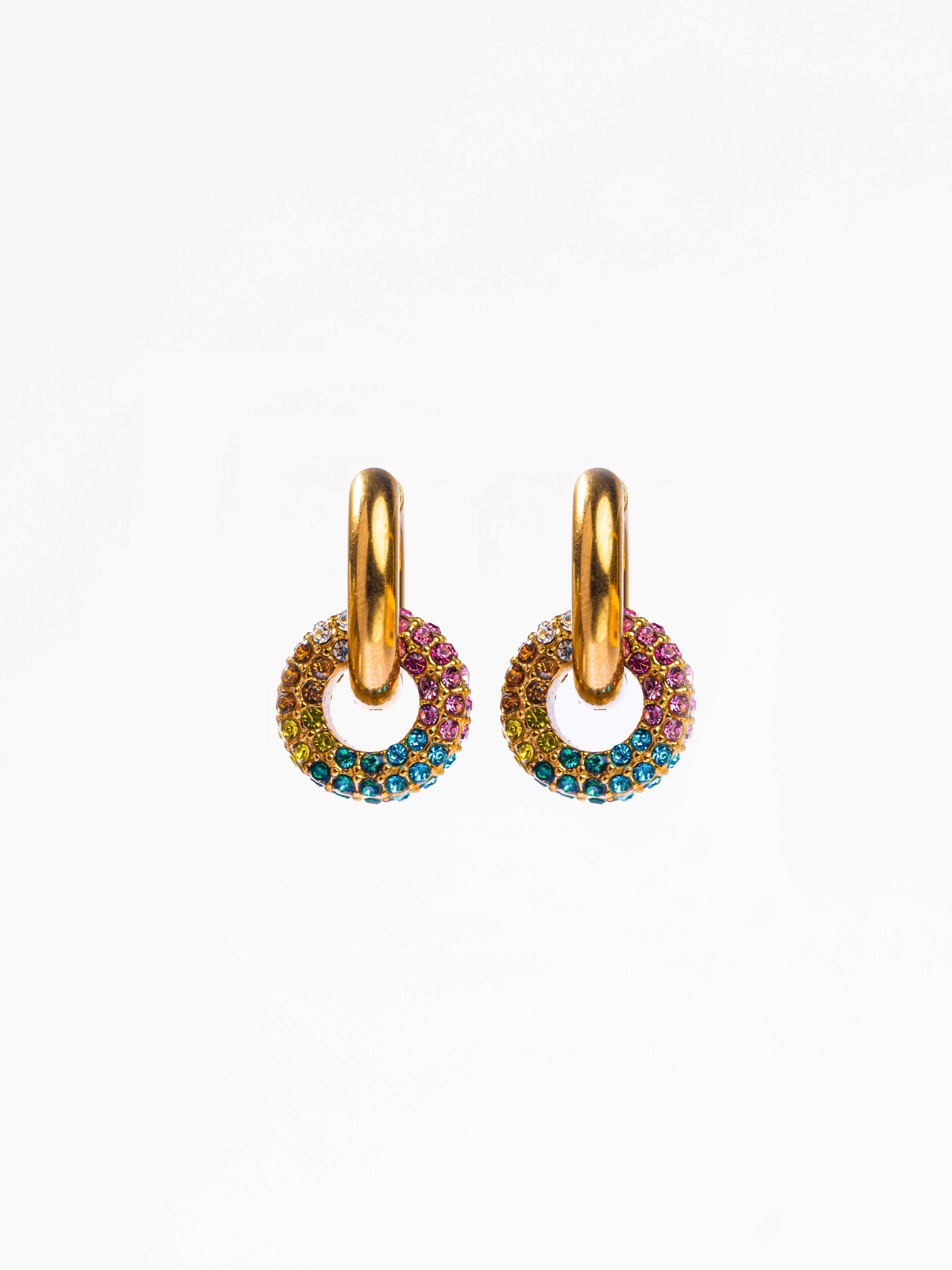 18k gold-plated huggie earrings with detachable coloured stone charm �? anti-tarnish, waterproof, lightweight.