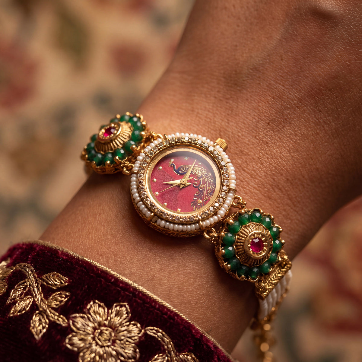 Antique Gold Pink Dial Peacock Motif CZ Pearl Emerald Bracelet Watch for Women & Girls | Stylish Watch | Wrist Watches for Girls | Ideal for gifting | Gift for Diwali, Christmas, Marriage, Birthday, anniversary, wedding