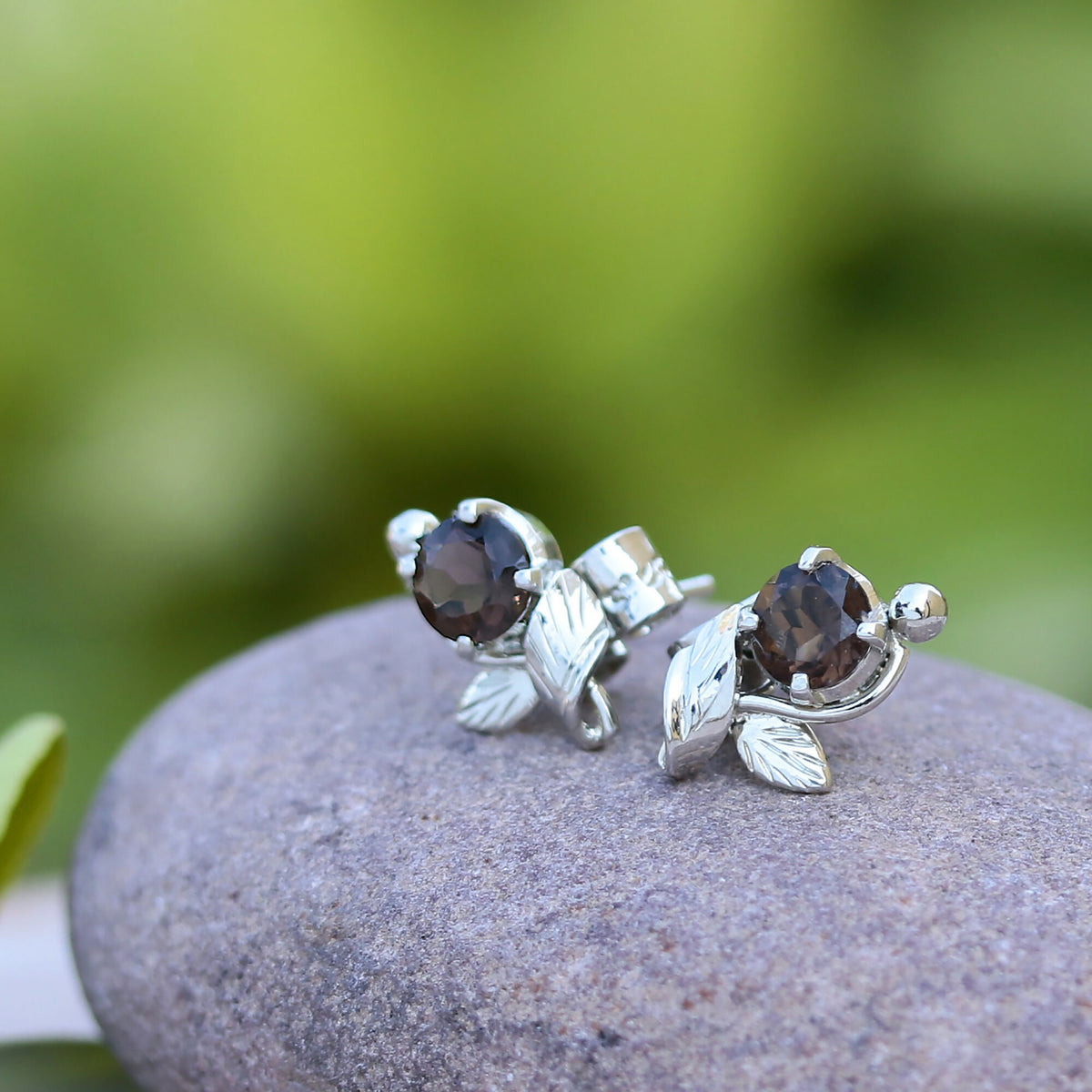 925 Sterling Silver Smoky Quartz Eartops for Women | Natural Grey Gemstone Stud Earrings | Rhodium Finish Silver Jewelry