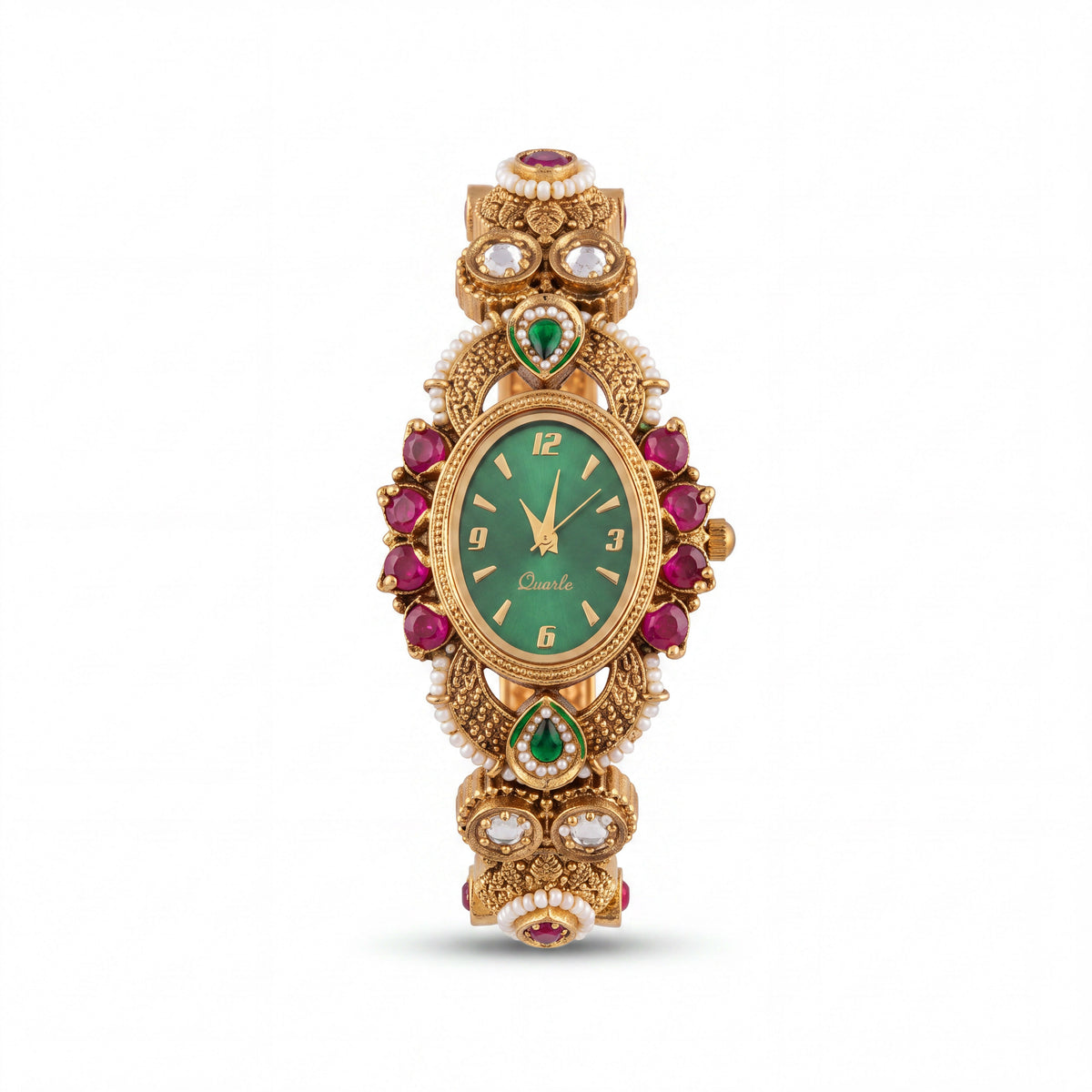Antique Gold Green Dial Ruby Cluster Emerald Drop Bracelet Watch for Women & Girls | Stylish Watch | Wrist Watches for Girls | Ideal for gifting | Gift for Diwali, Christmas, Marriage, Birthday, anniversary, wedding