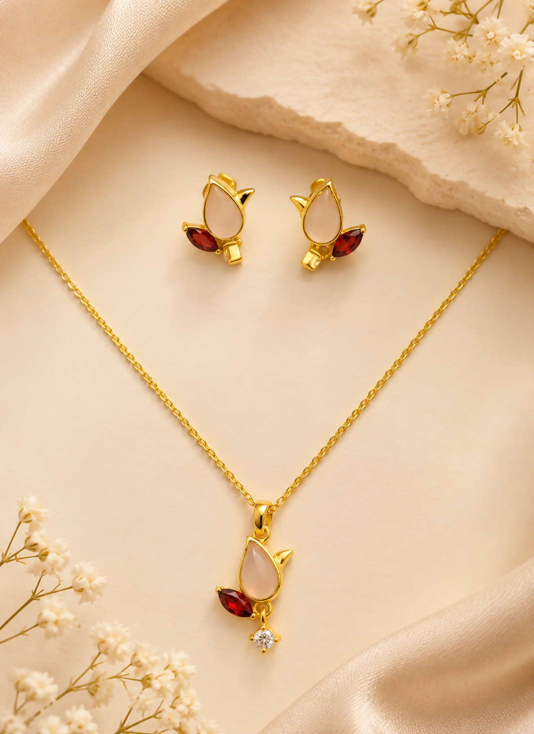 Blushing Tulip Rose Quartz & Garnet Gold Plated 925 Sterling Silver Jewellery Set
