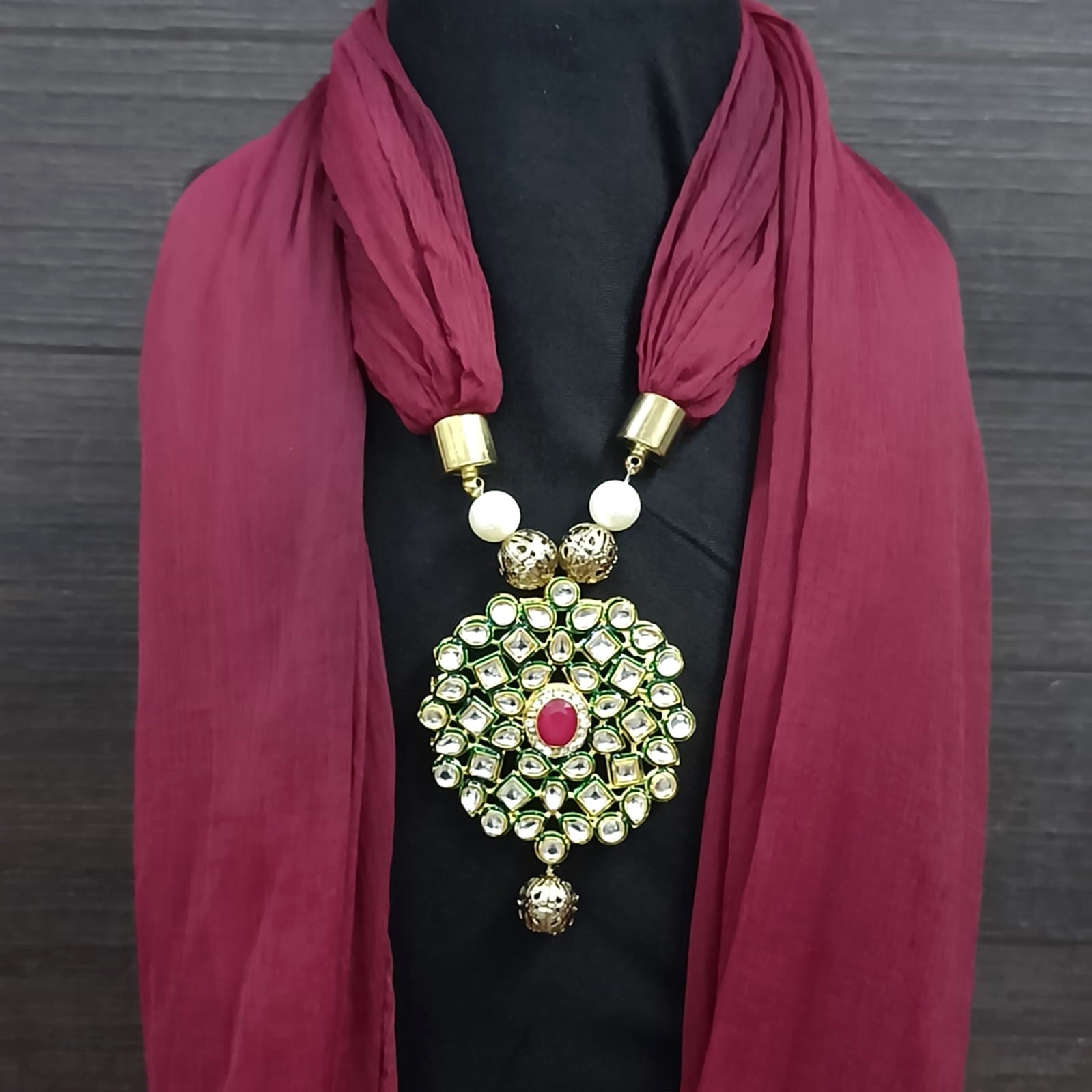 Maroon Georgette Scarf With Kundan Motif
