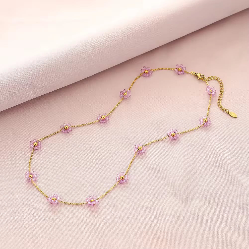 pink-crystal-flower-station-necklace-for-women-gold-floral-beaded-chain-necklace-elegant-dainty-necklace