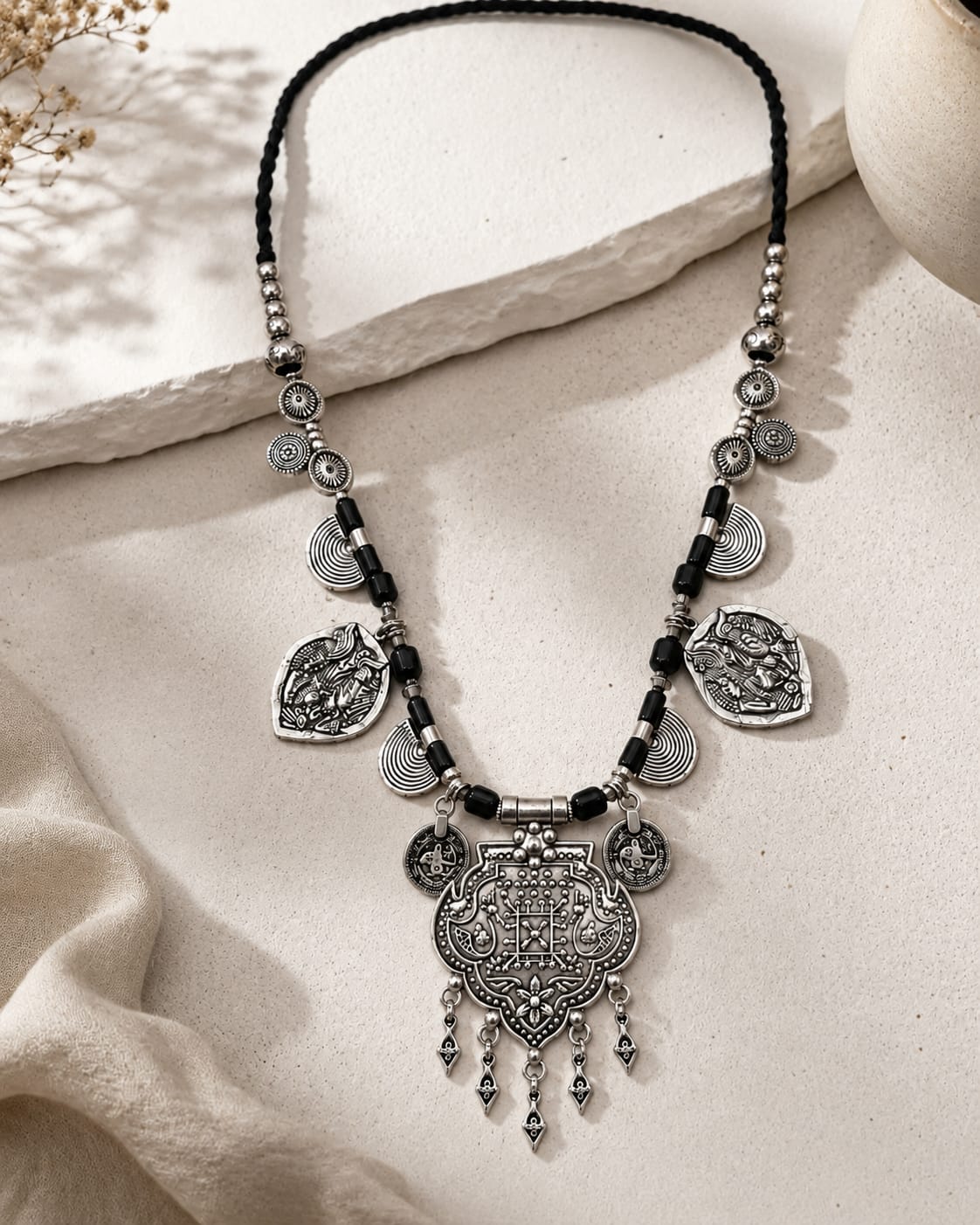 Ranjhaar Oxidised Silver Deity Pendant Disc Charm Tribal Necklace for Women