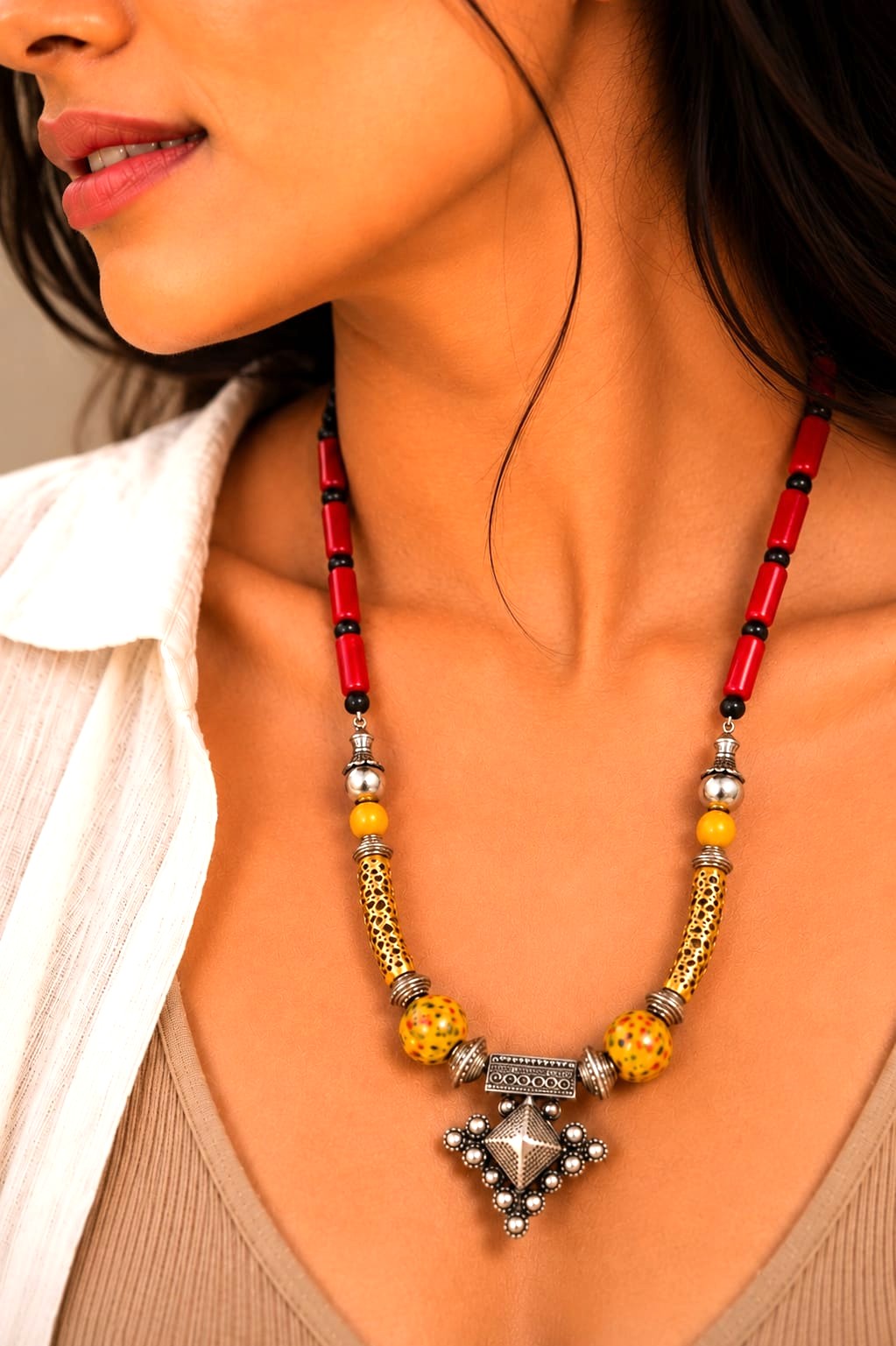 Rissani Silver Coral Red Bead Diamond Pendant Moroccan Berber Tribal Necklace for Women