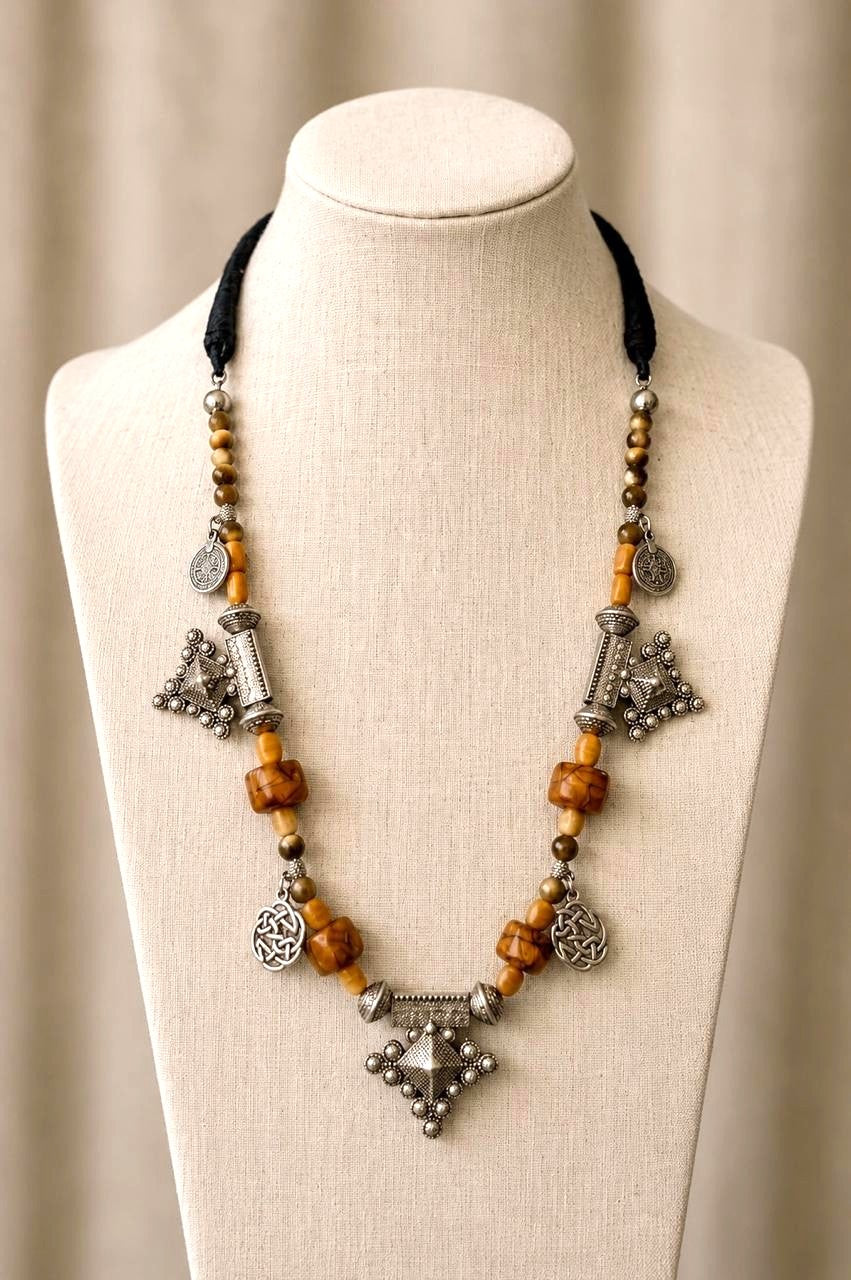 Essaouira Silver Spool Charm Honey Amber Bead Moroccan Berber Tribal Necklace for Women