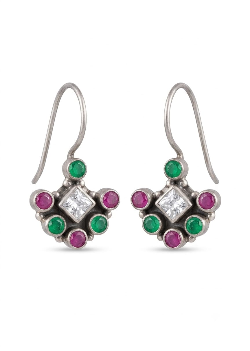 92.5 Sterling Silver Multicolor Gemstone Cluster Drop Earrings in Oxidized Finish